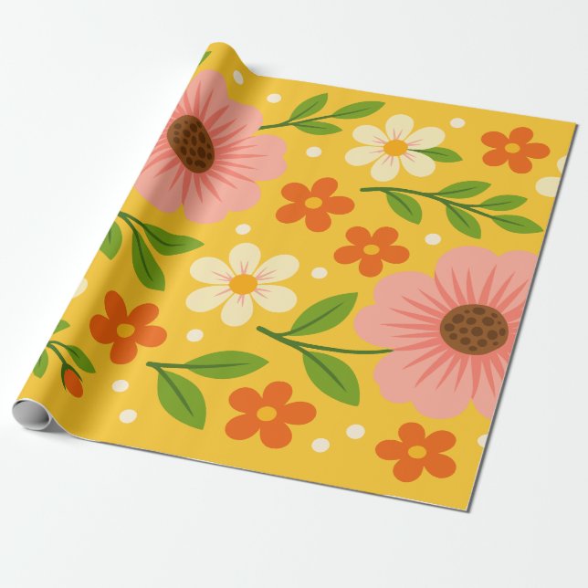 Pink, cream & Orange Flowers with Green Leaves Presentpapper (Utrullad)