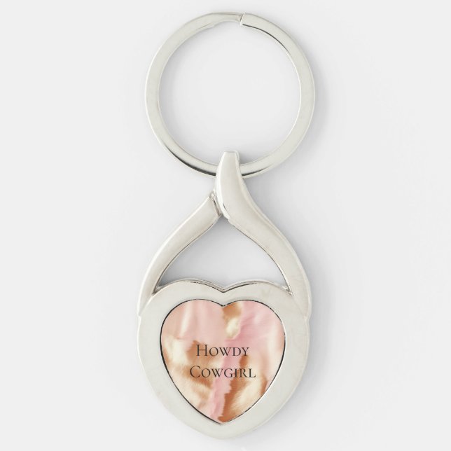 Pink Cream Tan Southwest Cowgirl Cowhide Twisted Heart Silverfärgad Nyckelring (Framsidan)