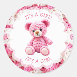 Pink Crocheted Teddy Bear It's a Girl Runt Klistermärke