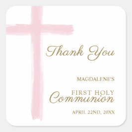 Pink Cross Thank You First Holy Communion Fyrkantigt Klistermärke