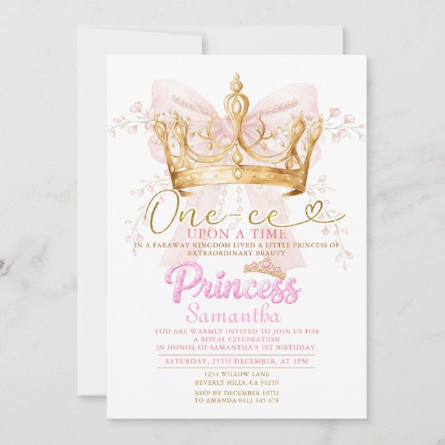 PINK CROWN Princess One-ce Upon a Time Invitation Inbjudningar (Framsida)