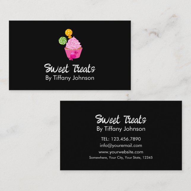 Pink Cupcake Sweet Treats Bakery Black Visitkort (Fram/baksida)