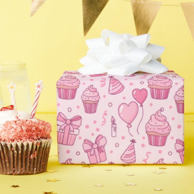 Pink Cupcakes Birthday Wrapping Paper Presentpapper (Födelsedagsfest)