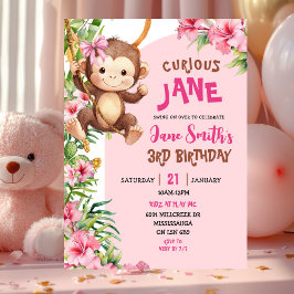 Pink Curious Monkey Safari Theme Birthday Inbjudningar