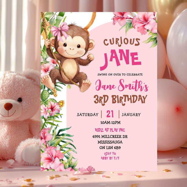 Pink Curious Monkey Safari Theme Birthday Inbjudningar (Skapare uppladdad)