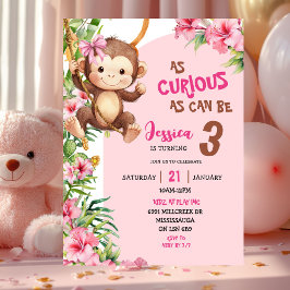 Pink Curious Monkey Savannah Theme Birthday Inbjudningar