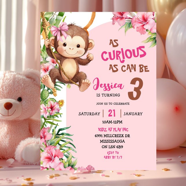 Pink Curious Monkey Savannah Theme Birthday Inbjudningar (Skapare uppladdad)
