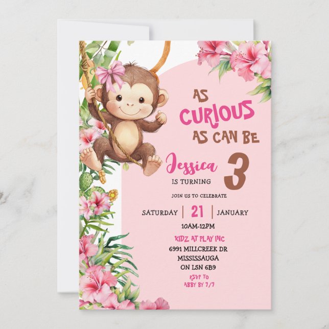 Pink Curious Monkey Savannah Theme Birthday Inbjudningar (Framsida)