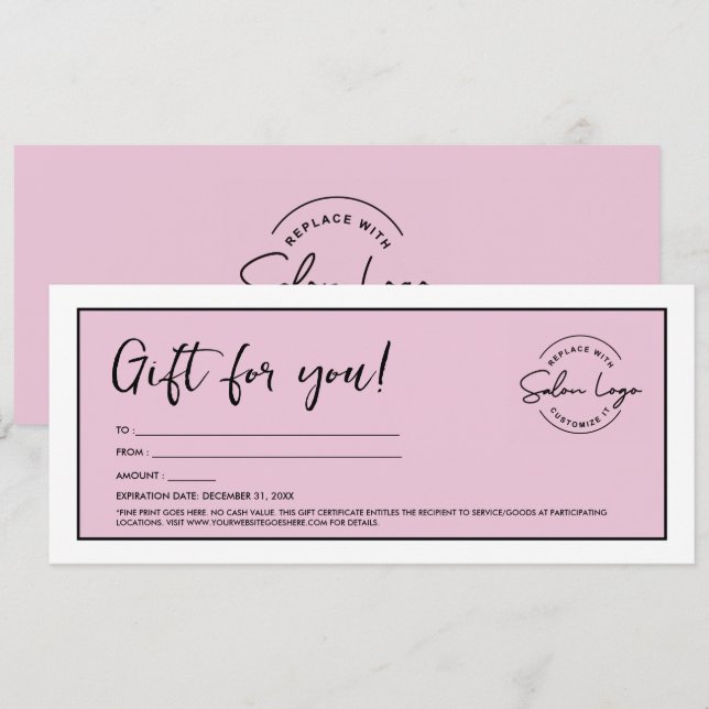 Pink Custom Salon logotyp Minimalist kupong Inbjudningar (Fram/baksida)