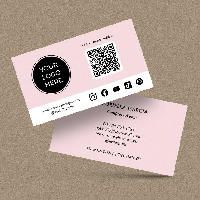 Pink Custom Social Media QR Code Logo Visitkort (Card is shown in 3.5 x 2 inches with square corners. Personalize, choose size, paper style + corner.)