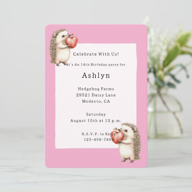 Pink Cute Adorable Hedgehogs Hearts Birthday Inbjudningar (Stående Fram)