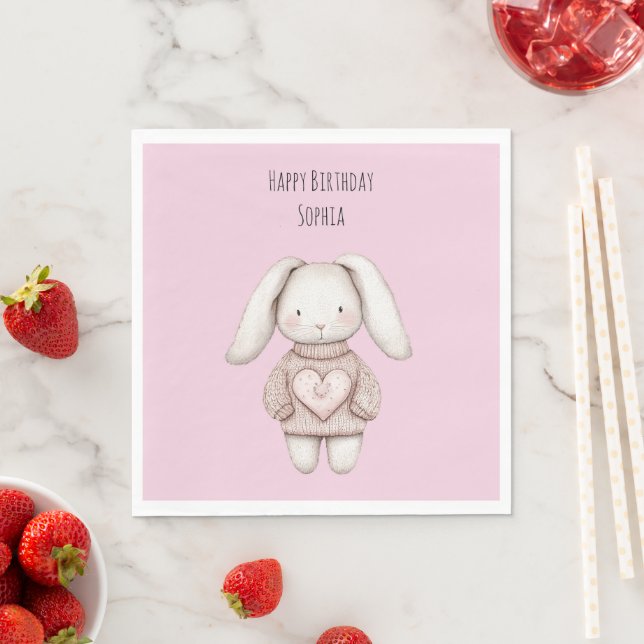 Pink Cute Bunny Pink Sweater Heart Birthday Pappersservett (Insitu)