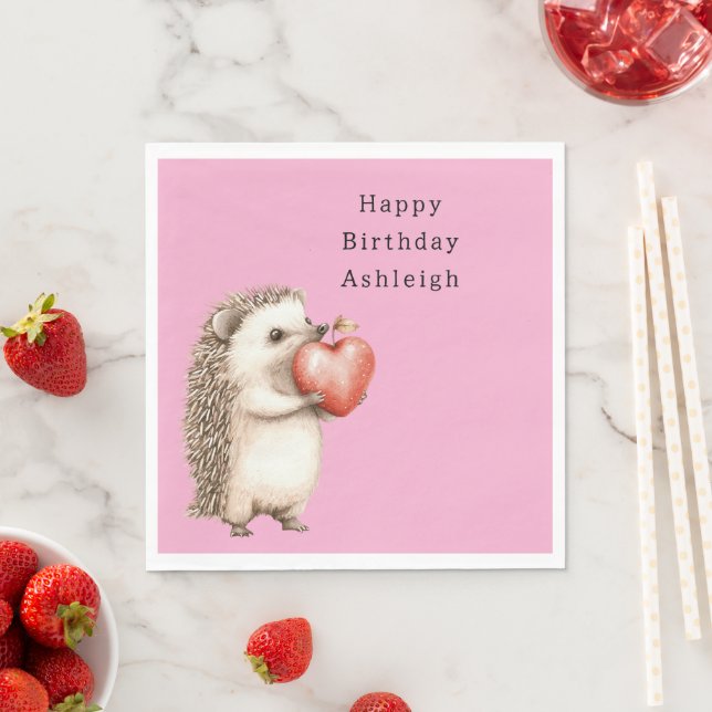 Pink Cute Hedgehog Heart Animal Birthday Pappersservett (Insitu)