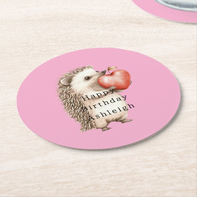 Pink Cute Hedgehog Heart Animal Birthday Underlägg Papper Rund (Vinklad)