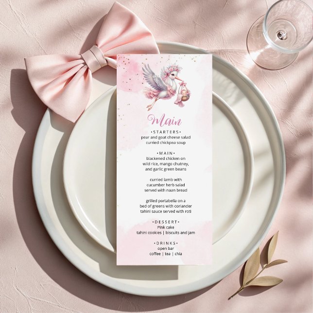 Pink & Cute Stork Baby Girl Shower Menu Card Meny (Skapare uppladdad)