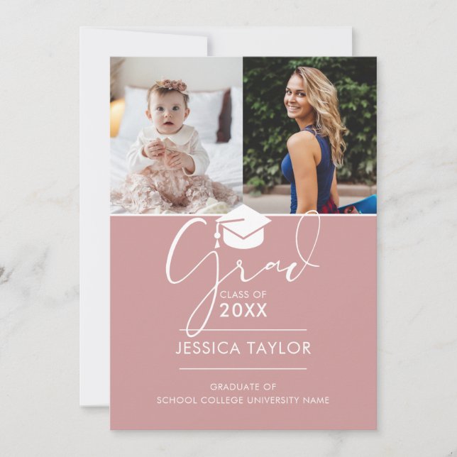 Pink då och nu 2 Foto-examensfest Inbjudningar (Framsida)