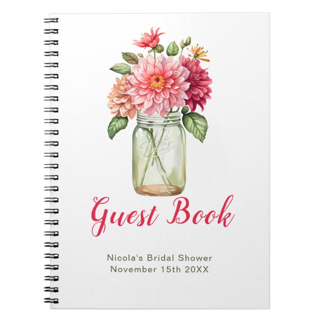 Pink Dahlias Mason Jar Bridal Shower Guest Book Anteckningsbok (Framsidan)