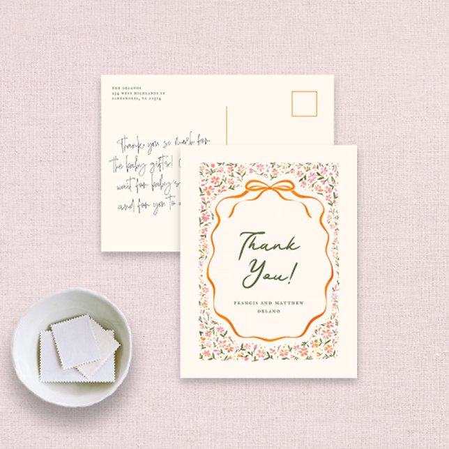 Pink Dainty Flowers and Orange Bow Thank You Vykort (pretty pink wildflowers and orange bow thank you note postcard)