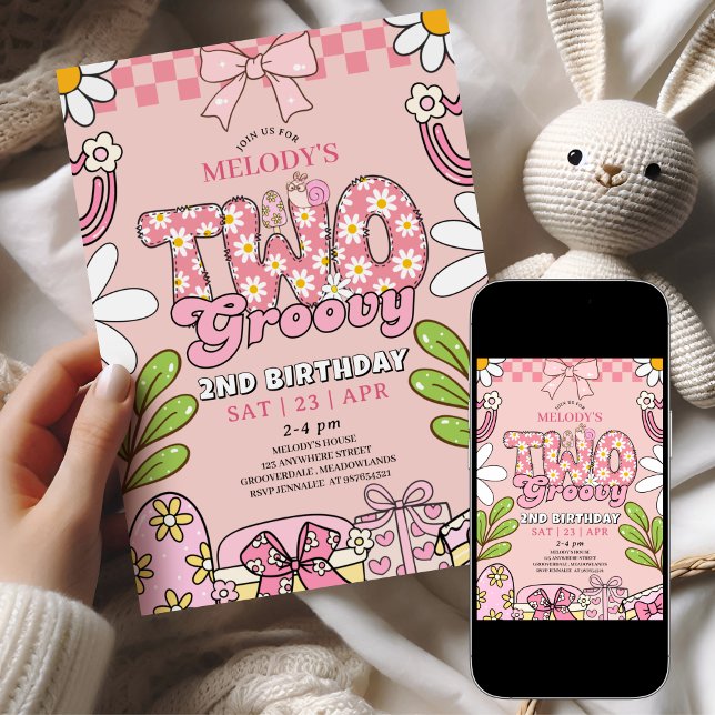 Pink Daisy 2nd Birthday Retro Birthday Inbjudningar (Skapare uppladdad)