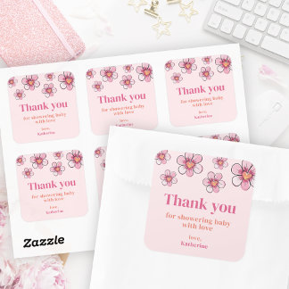 Pink Daisy Baby Shower Square Thank You Sticker Fyrkantigt Klistermärke