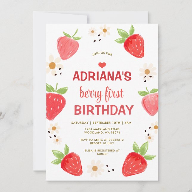 Pink Daisy Floral Gingham Berry First Birthday Inbjudningar (Framsida)
