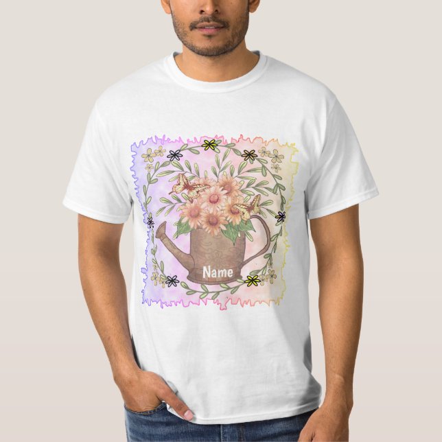 Pink Daisy flowers Watercan  T Shirt (Framsida)