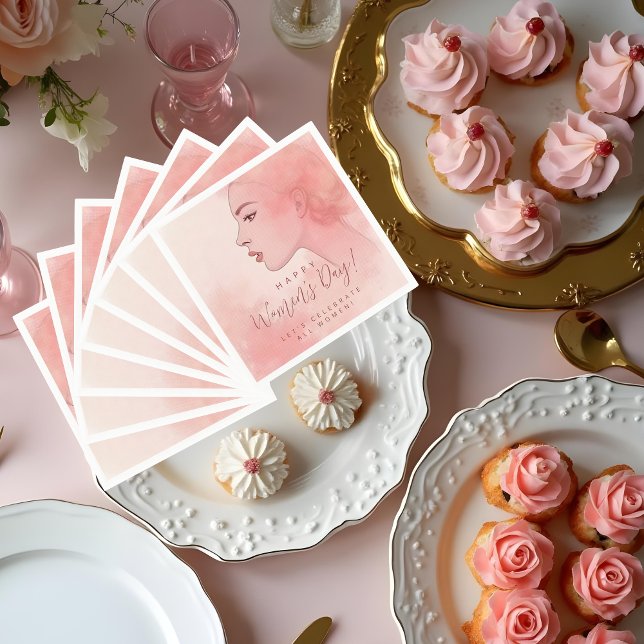 Pink Delicate Minimalist Woman Happy Women's Day Pappersservett (Delicate Minimalist Woman in Pink Happy Women's Day Napkins. Let's Celebrate All Women Custom Quote.)