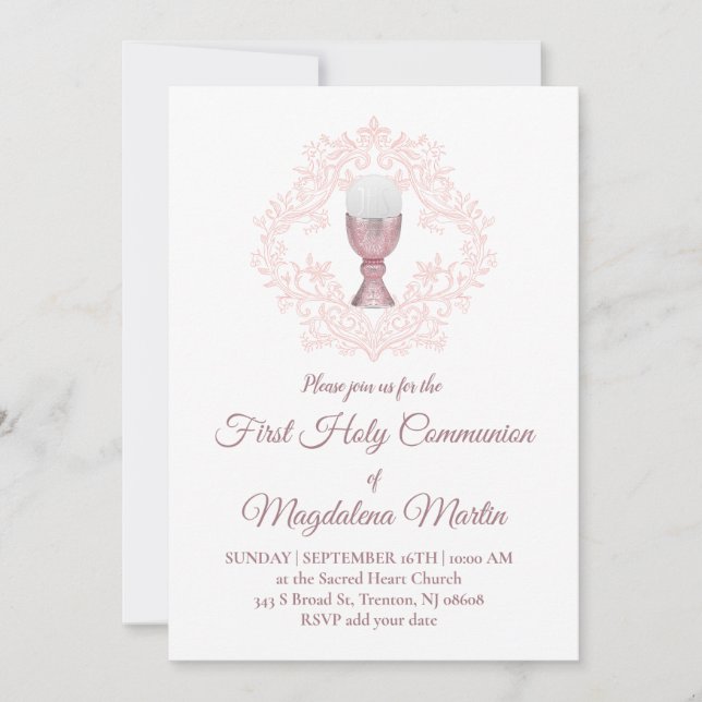 pink design First Communion girl Inbjudningar (Framsida)