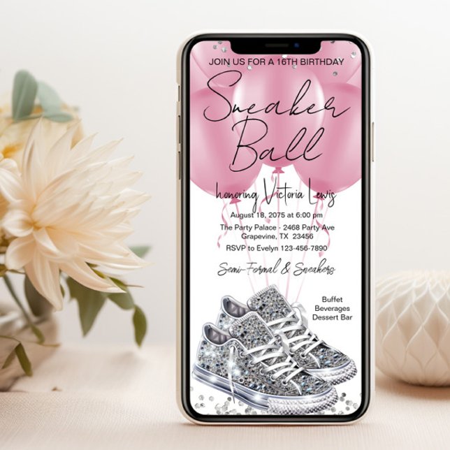 Pink Diamant Sneaker Ball Födelsedagsfest Telefon Inbjudningar (You can change all of the text, font styles, font colors, background color.)