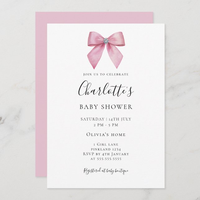 Pink Diamond Bow Girl Baby Shower Invitation Inbjudningar (Fram/baksida)