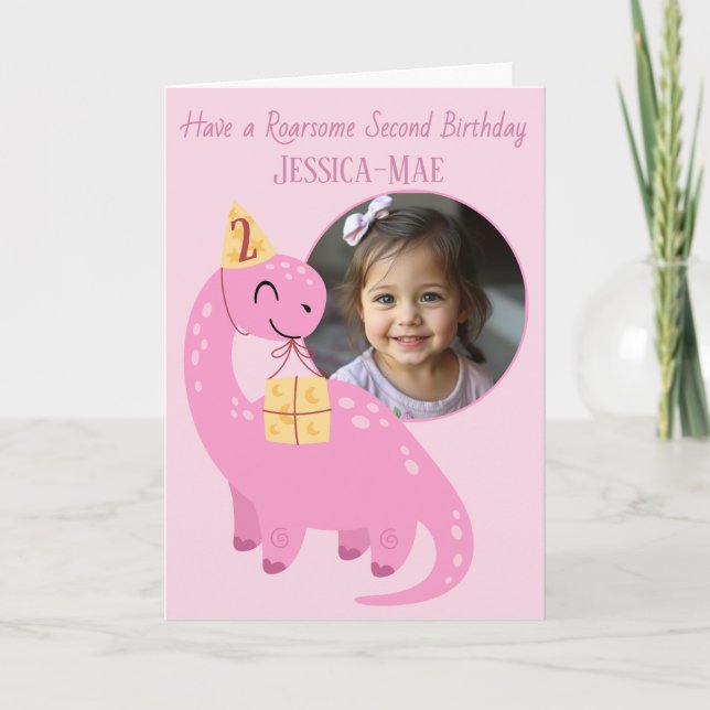 Pink Dinosaur 2nd Birthday Card Kort (Framsida)