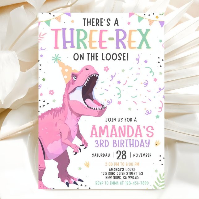 Pink Dinosaur Birthday Invitation Editable Three 3 Inbjudningar (Skapare uppladdad)