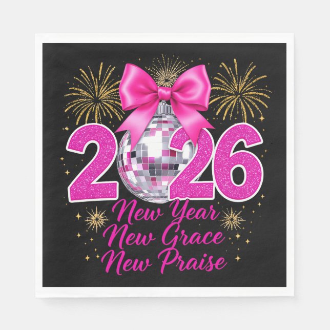 Pink Disco Ball 2026 with Fireworks and Praise Pappersservett (Framsidan)