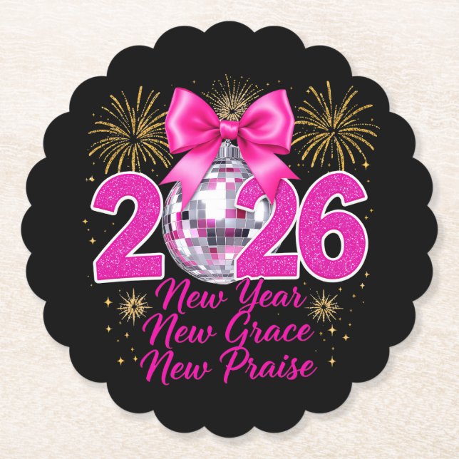 Pink Disco Ball 2026 with Fireworks and Praise Underlägg Papper (Framsida)