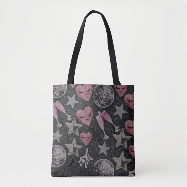 Pink Disco Hearts Tote Bag | Glam Night Love Patte Tygkasse (Framsida)