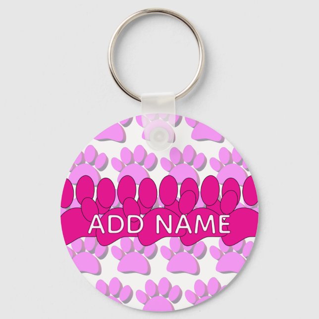 Pink Dog Paw Print Custom Personalized Name Nyckelring (Framsida)
