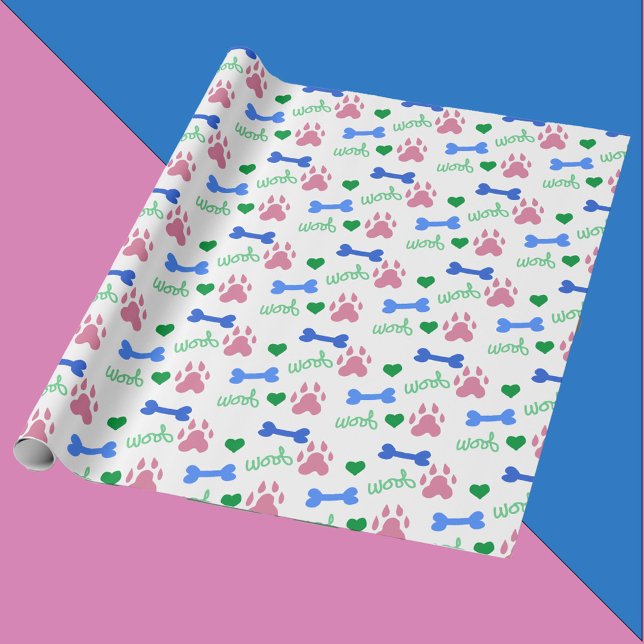 Pink Dog Paws Blue Bones Green Hearts Woof Pattern Presentpapper (A wrapping paper with pink dog paws, blue dog bones, green hearts and woof.)
