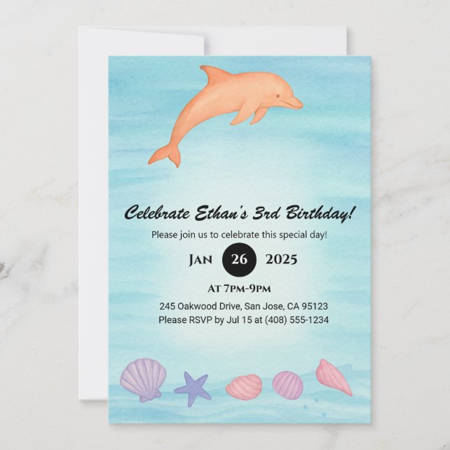 Pink Dolphin & Seashell Beach Birthday  Inbjudningar (Framsida)
