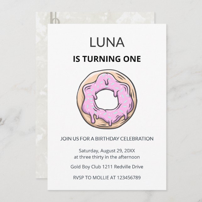 Pink Donut 1st Birthday Invitation Girl  Inbjudningar (Fram/baksida)