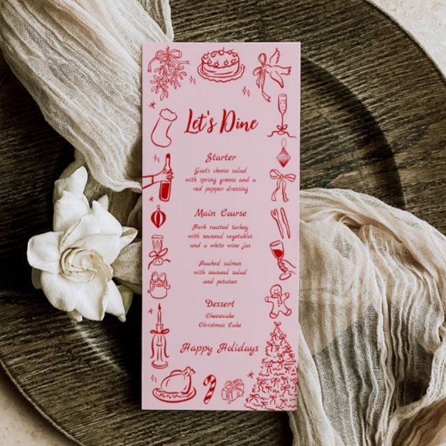 Pink Doodle Christmas Menu Quirky Fun Holiday Menu Meny (Quirky Christmas Menu)