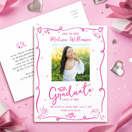 Pink Doodles Graduation Save the Date Photo White Inbjudan Vykort