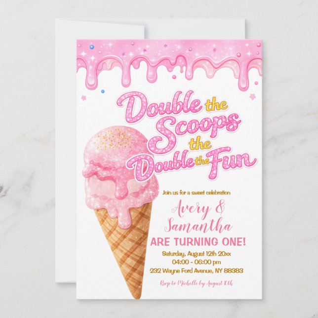 Pink Double the Scoops Birthday Glitter Sparkle Inbjudningar (Framsida)