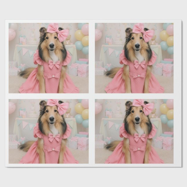 Pink dress sheltie presentpapper (Platt)