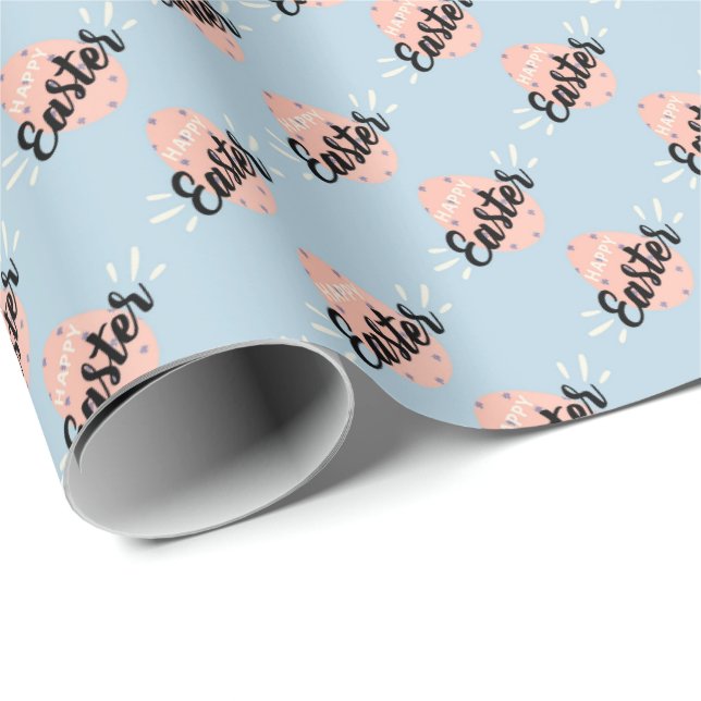 Pink Easter Egg Wrapping Paper on Light Blue Presentpapper (Rullad Hörn)