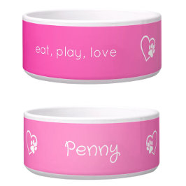 Pink 'eat, play, love' Dog Name Bowl
