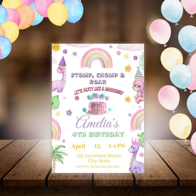 Pink Editable Dinosaur Birthday Invite Template  Inbjudningar (Skapare uppladdad)