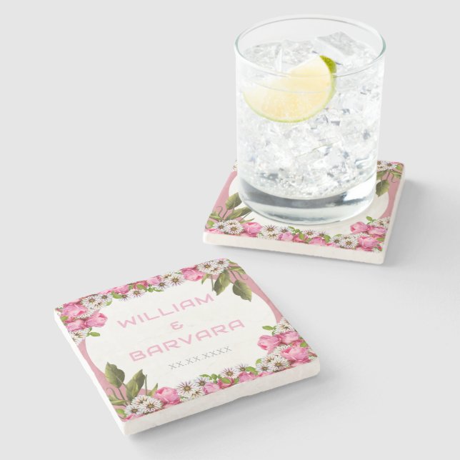 Pink Elegant Floral Drink Coaster Design Stenunderlägg (Sidan)