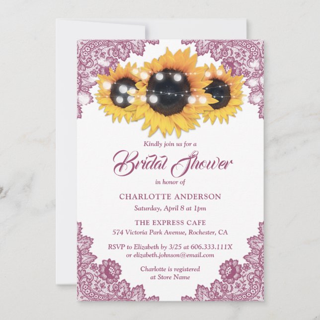 Pink Elegant Floral Lace Sunflower Bridal Shower Inbjudningar (Framsida)
