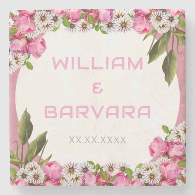 Pink Elegant Floral Stone Drink Coaster Stenunderlägg (Framsidan)