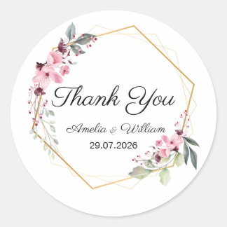 Pink Elegant Floral Thank You Wedding Sticker Runt Klistermärke